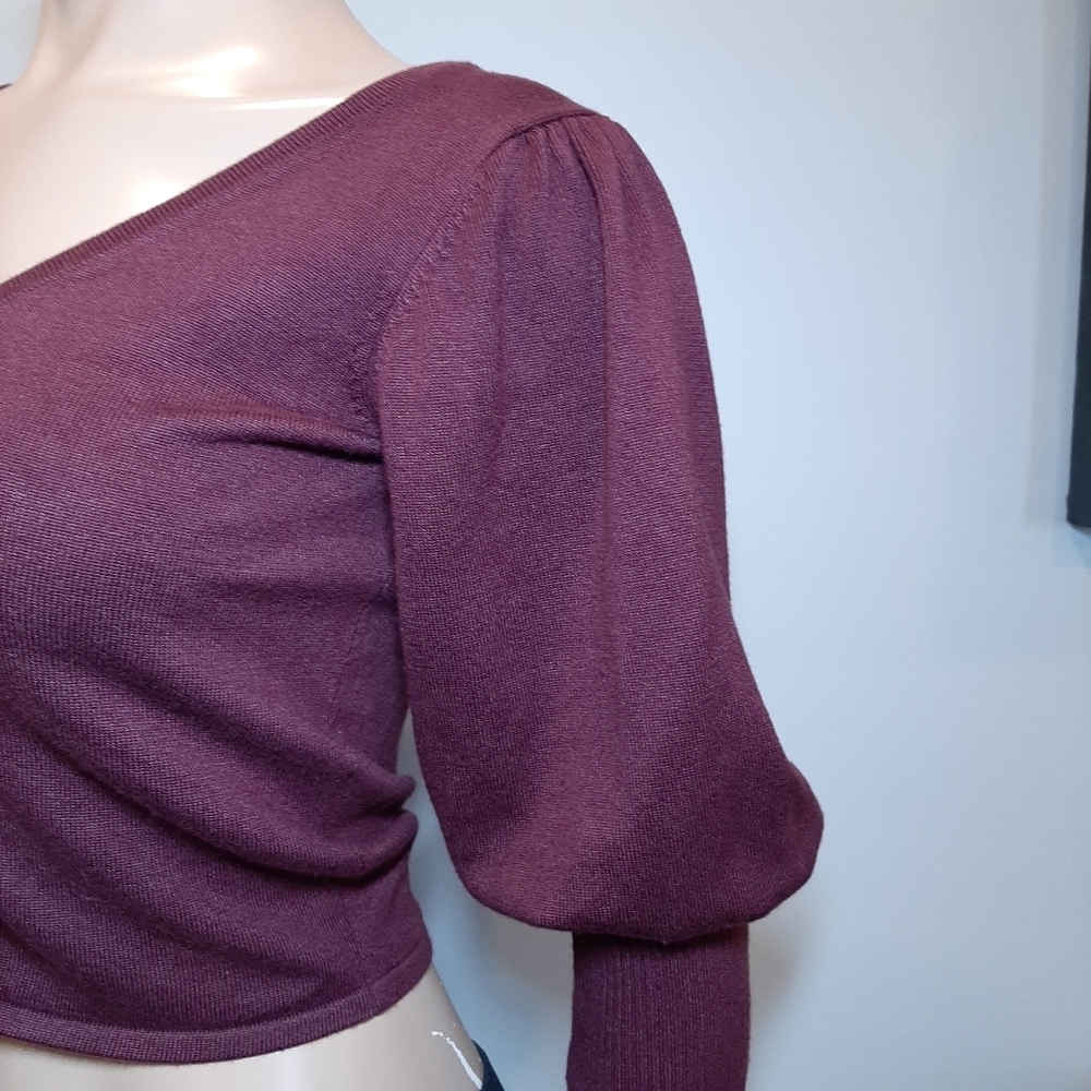 💠Guess Layla Puff Sleeve Cropped Sweater Cinch Drawstring Front Ribbed Pullover - Picture 8 of 13